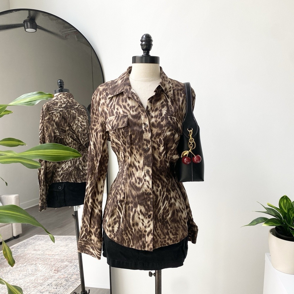 Y2K Jones New York Leopard Print Long Sleeve Button Up Size Large Cherrygirl
